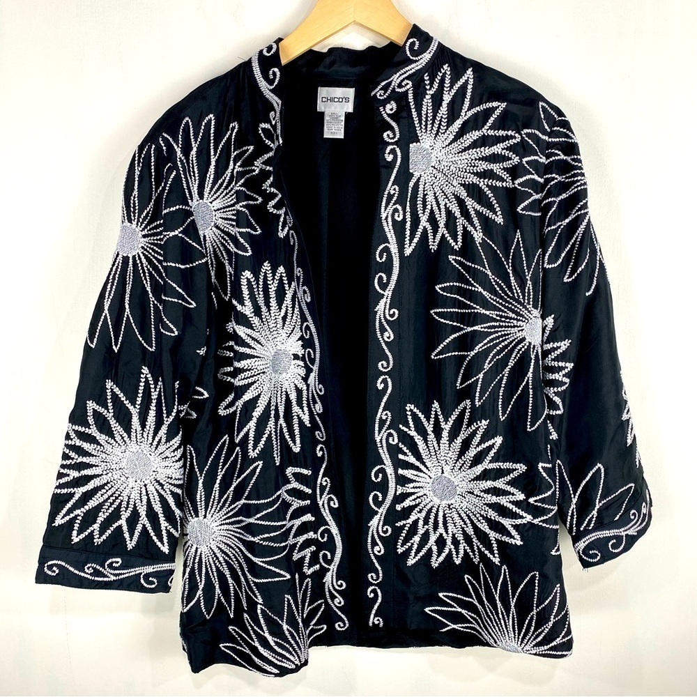 Chico's 100%‎ Silk Floral Flower Embroidered Open Front Blazer Jacket Size 1